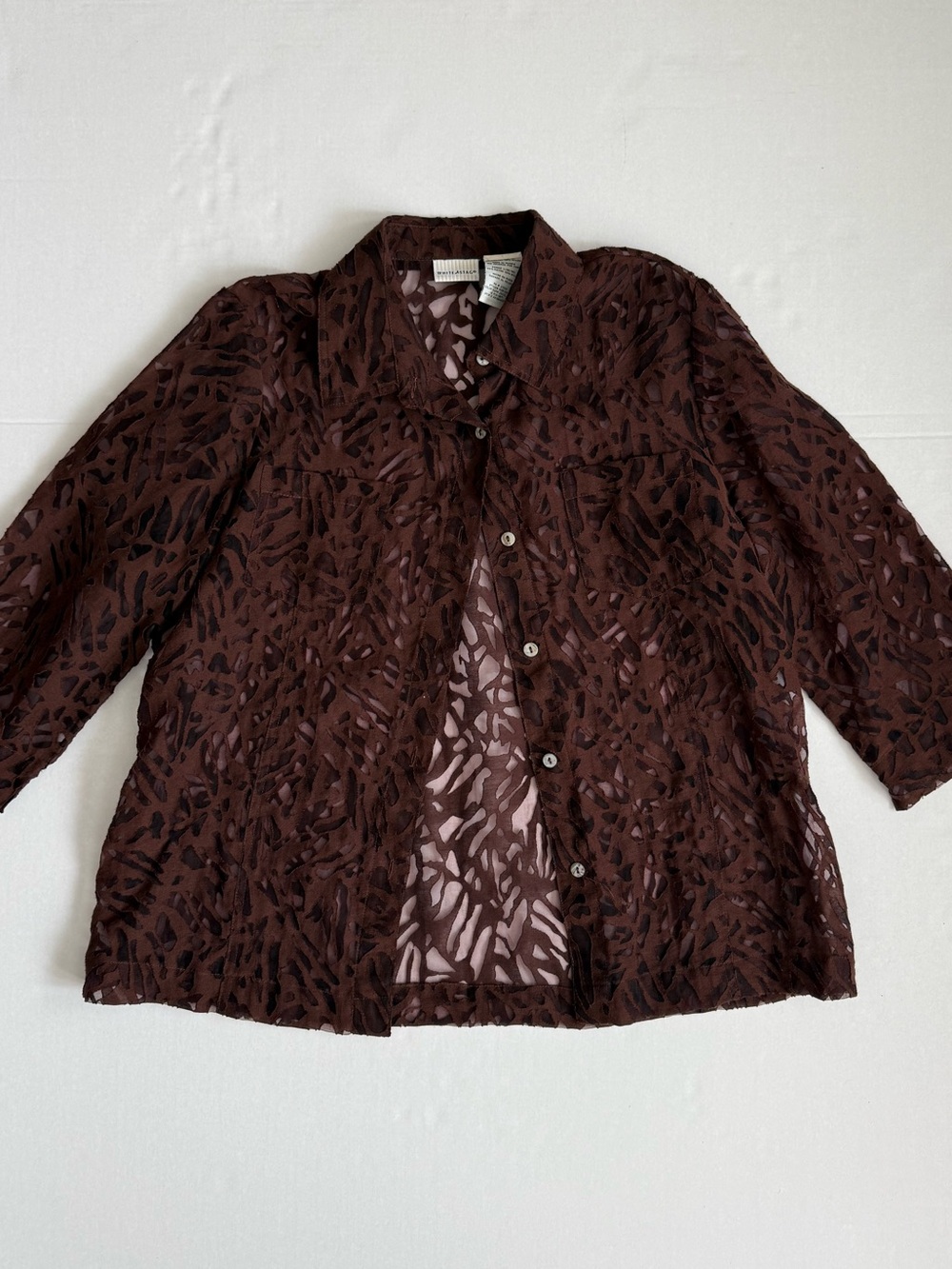White Stag Chocolate Brown Button-Down Shirt with Sheer Leaf Pattern